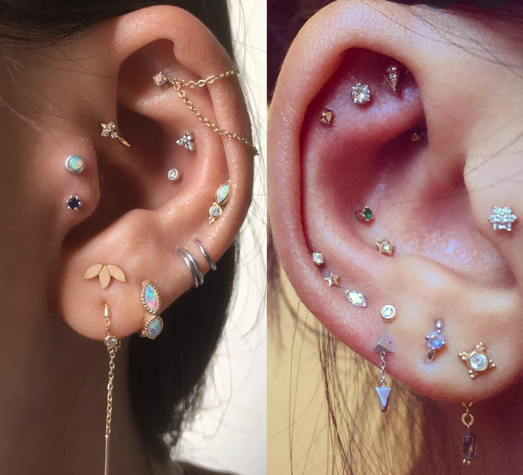 Two curated-ear piercing spreads with opals, chains and studs, posted by the shop